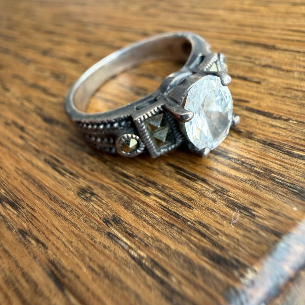 Ornate Silver, Marcasite, and Crystal Women's Ring